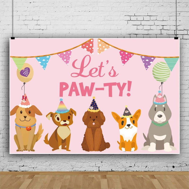 DORCEV 5x3ft Let's Paw-ty Backdrop for Puppy Dog Birthday Party Photography Background Cartoon Dog Sweet Pink Balloon Little Flag Doggy Pet Photo Booth for Dessert Table Banner Wallpaper - Image 3
